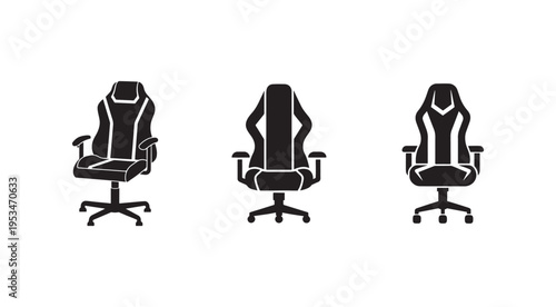 Three black office chairs with wheels in different positions on white background  office furniture  chair designs