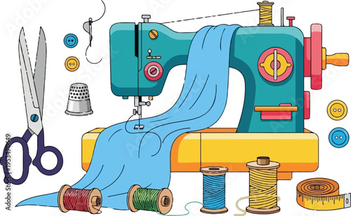 Sewing Machine and Tailoring Tools Illustration