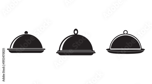 Three black serving dishes with lids  food covers  plate icons  restaurant symbols  kitchen utensils  serving ware