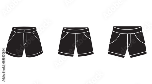 Three black shorts with white outlines in different positions and angles for fashion design and clothing concepts  various styles and views of shorts for illustration and graphic use