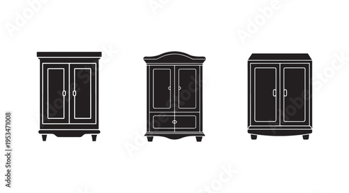 Three black silhouettes of different wardrobes with two and one drawer and doors  furniture icons