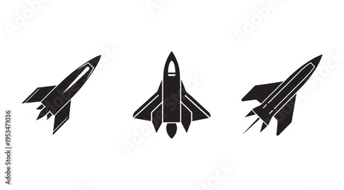 Three black silhouettes of fighter jets in different angles isolated on white background  military aircraft icons