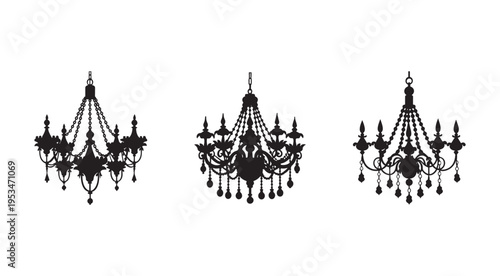Three black silhouettes of hanging ornate chandeliers with crystals on white background  decorative lighting fixtures