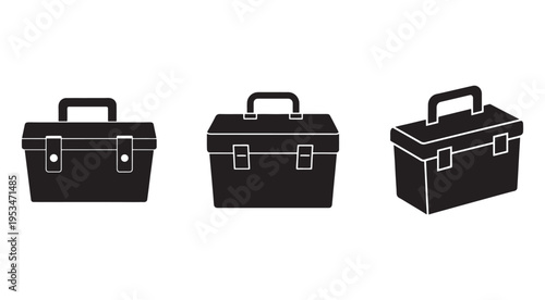 Three black toolboxes with handles and metal clasps in different positions  isolated on white background