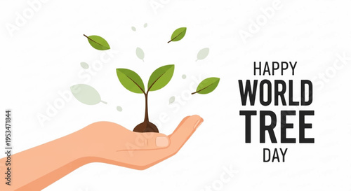 Hand holding small tree with leaves happy world tree day eco friendly concept environmental awareness sustainability green nature conservation