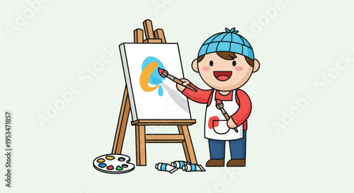 Young boy painting on canvas board.