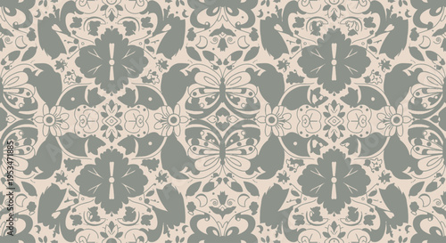 Green and pink floral damask pattern.