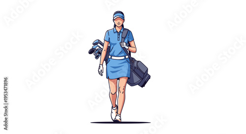 Woman in blue golf outfit walking.