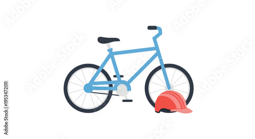 Blue bicycle with red helmet.