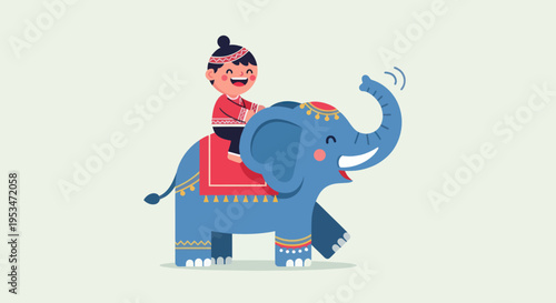 Woman Riding Blue Elephant Cartoon.