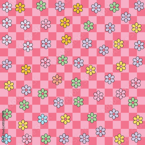 Groovy Pink Checkered Seamless Pattern with Colorful Daisy Flowers, Retro Y2K Aesthetic Floral Checkerboard Background for Digital Paper, Textiles, and Scrapbooking