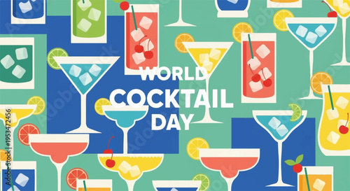 Colorful cocktail glasses with ice and garnishes on world cocktail day festive drink background