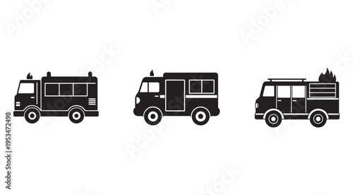 Three different views of a fire truck vehicle side profile  emergency response vehicle  rescue truck  fire engine  silhouette