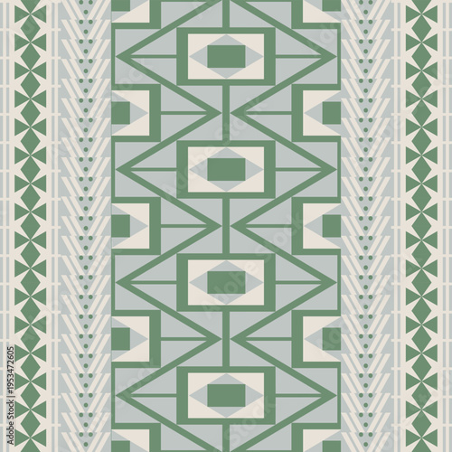 Geometric Tribal Seamless Pattern in Sage Green Ethnic Textile Design