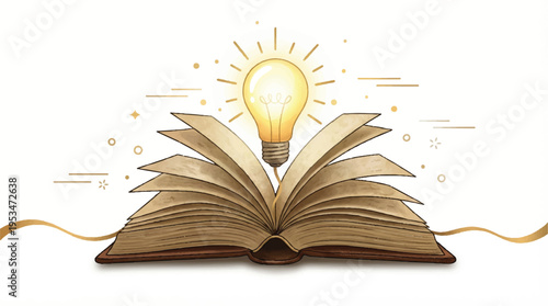 Open old book with a glowing light bulb on top, representing an idea or knowledge, wisdom, learning, inspiration, education concept