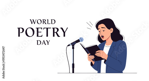 Illustration of a woman reading poetry from a book at a microphone on World Poetry Day with a celebratory design.
