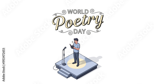 Isometric illustration of a man reading poetry on a stage with a microphone on World Poetry Day with a celebratory design.
