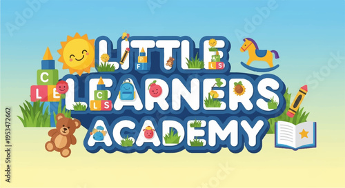 Colorful educational logo for children's academy with toys and books on yellow and blue background