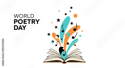 Vector illustration of an open book with colorful artistic elements and music notes for World Poetry Day celebration on a white background.