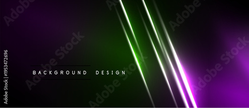 Abstract neon lines over dark background. Gradient purple, green hues create dynamic visual effect. Modern design element.