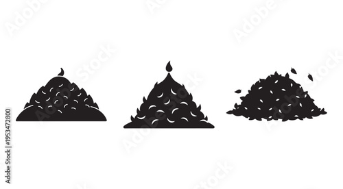 Three piles of garbage trash waste heap icons  garbage trash waste heap icons with smoke on white background