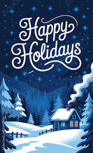 A festive winter scene featuring a cozy cabin nestled in a snowy forest under a starry night sky