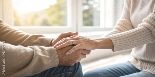 Fotografía Encouragement and emotional care with the hands of two people holding hands in a