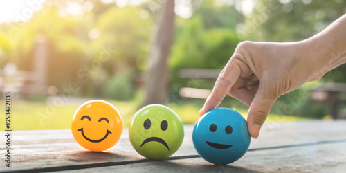 Psychology of mental health and human emotion regulation with hands holding a smiling ball among balls of sad and happy emotions