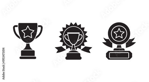 Trophy icons with star and ribbon symbols for awards and recognition  various trophy designs