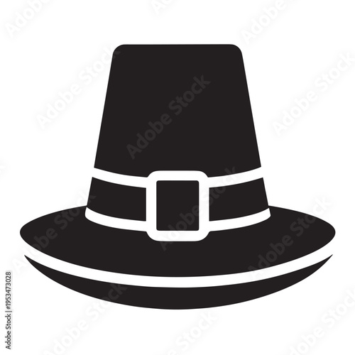 Black silhouette of a pilgrim hat, traditional colonial hat with buckle on transparent background, historical headwear vector illustration, Thanksgiving symbol.