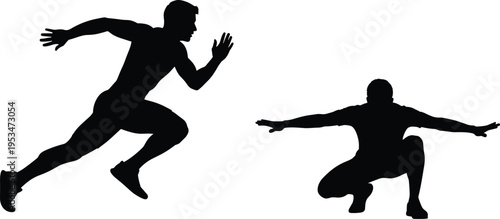Athlete silhouettes set showing sprint running and squat exercise poses for fitness training sports performance and strength workout concept