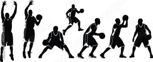 Basketball player silhouettes set with dribbling shooting and jumping poses for sports training game action and athletic performance design