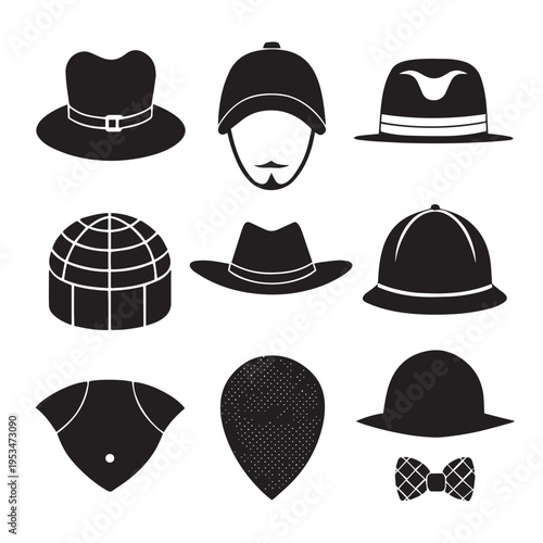 Collection of nine different hats and headwear for men and women in black and white graphic illustration
