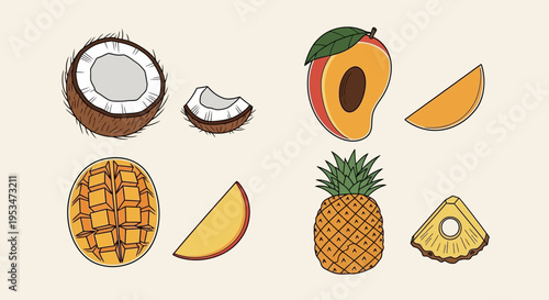 Assorted Tropical Fruits: Mango, Pineapple, Coconut, Slices, Halves, Whole, Exotic Refreshment