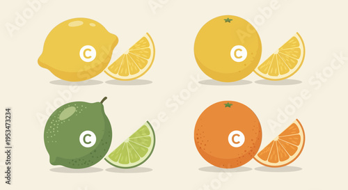 Assortment of Citrus Fruits with Vitamin C Symbol: Lemon, Orange, Lime, Grapefruit