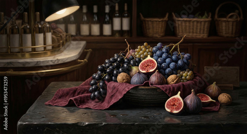 Dark Moody Still Life
Grapes and figs arranged on a dark stone surface, chiaroscuro lighting, deep shadows, painterly still life style, rich textures, cinematic mood
