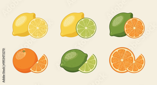 Assortment of Fresh Citrus Fruits: Lemons, Limes, and Oranges, Sliced and Whole