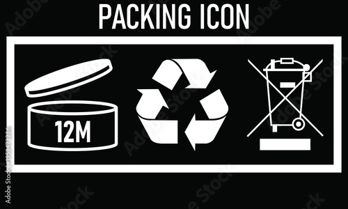 Packing Icon Set – 12M Period After Opening Recycling and WEEE Symbol Vector