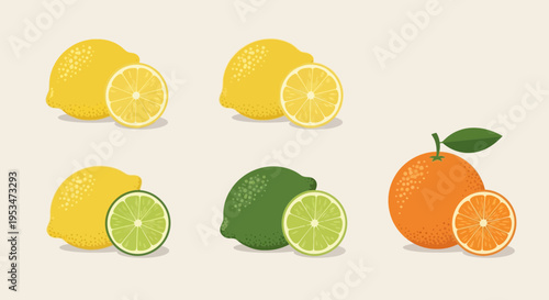 Assortment of Fresh Citrus Fruits: Lemons, Limes, and Oranges, Whole and Sliced
