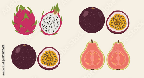 Exotic Fruits Assortment: Dragon Fruit, Passion Fruit, and Guava Halved and Whole