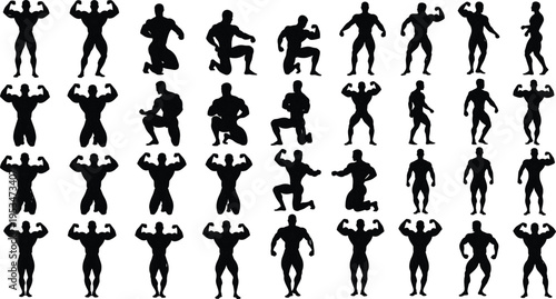 Bodybuilder silhouettes set with muscular poses flexing strength training bodybuilding competition and fitness athlete figures for sports and gym concept