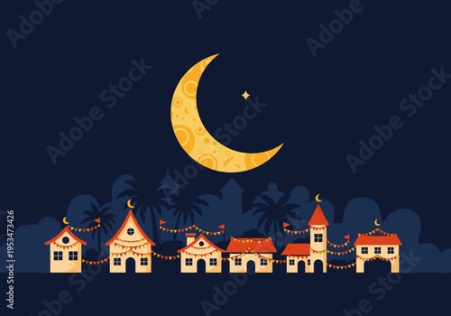 A festive moonlit village scene with charming houses adorned with lights. Perfect for Eid celebrations and holiday illustrations. Warm, inviting, and visually appealing.