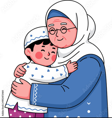 A heartwarming illustration depicts a grandmother embracing her grandson in traditional Islamic attire. A joyful scene of family love and connection. Perfect for greeting cards and social media.