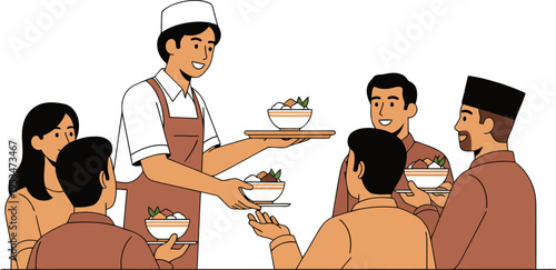 A friendly server offers food to a group during Eid. Warm colors and a welcoming atmosphere. Ideal for celebrations and hospitality themes.