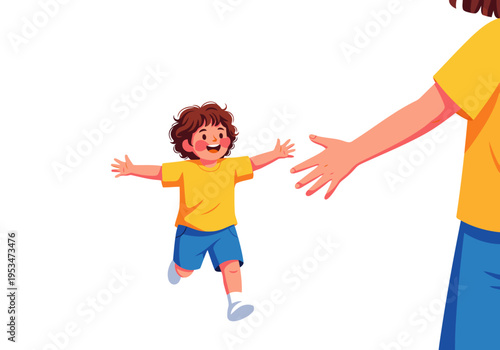 A joyful boy runs towards his mother for a warm embrace. Bright colors and a dynamic composition create a heartwarming scene. Perfect for family and emotion-based visuals.