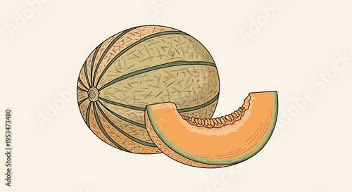 Fresh Cantaloupe Melon Slice and Whole Fruit, Ripe Orange Flesh, Healthy Food Illustration