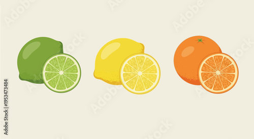 Fresh Citrus Fruits: Lime, Lemon, and Orange Slices on a Light Background