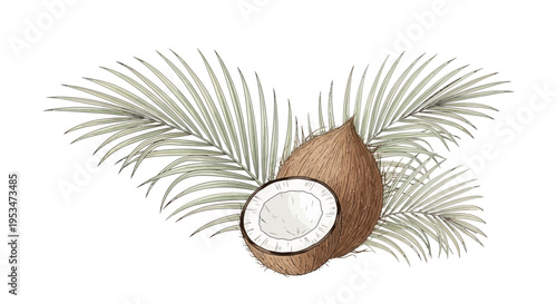 Fresh Coconut Halved with Palm Leaves, Tropical Fruit, Healthy Food