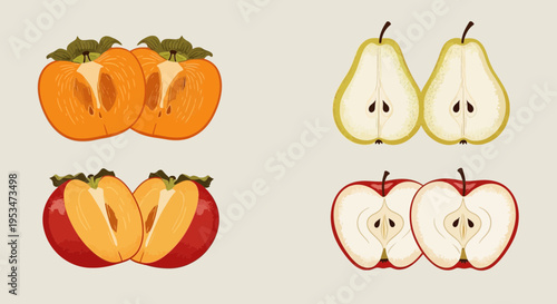 Fresh Fruit Halves: Persimmons, Pears, and Apples, Top View, Isolated on Beige