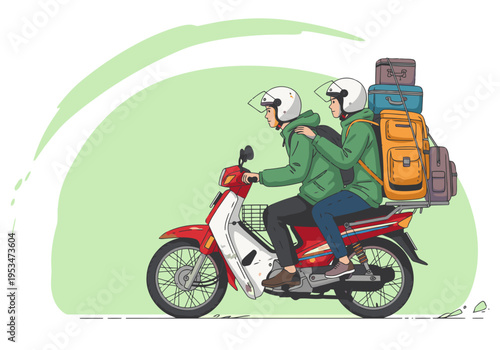 Two riders share a scooter, laden with luggage, traveling through Southeast Asia. ?Ojek Mudik Fast? ? a vibrant scene of travel and adventure.